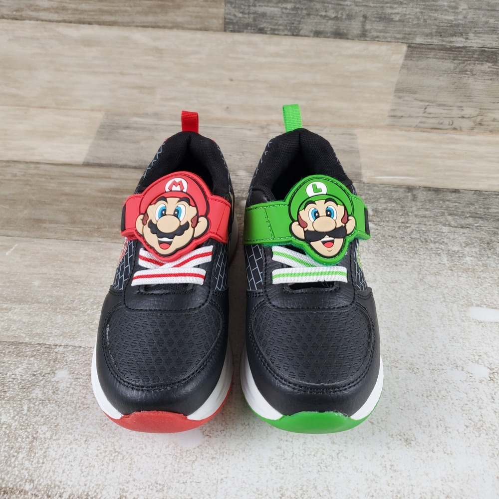 Ground Up Mario and Luigi Kids Shoes Sz 11 Black Red Leather Hook & Loop Sneaker